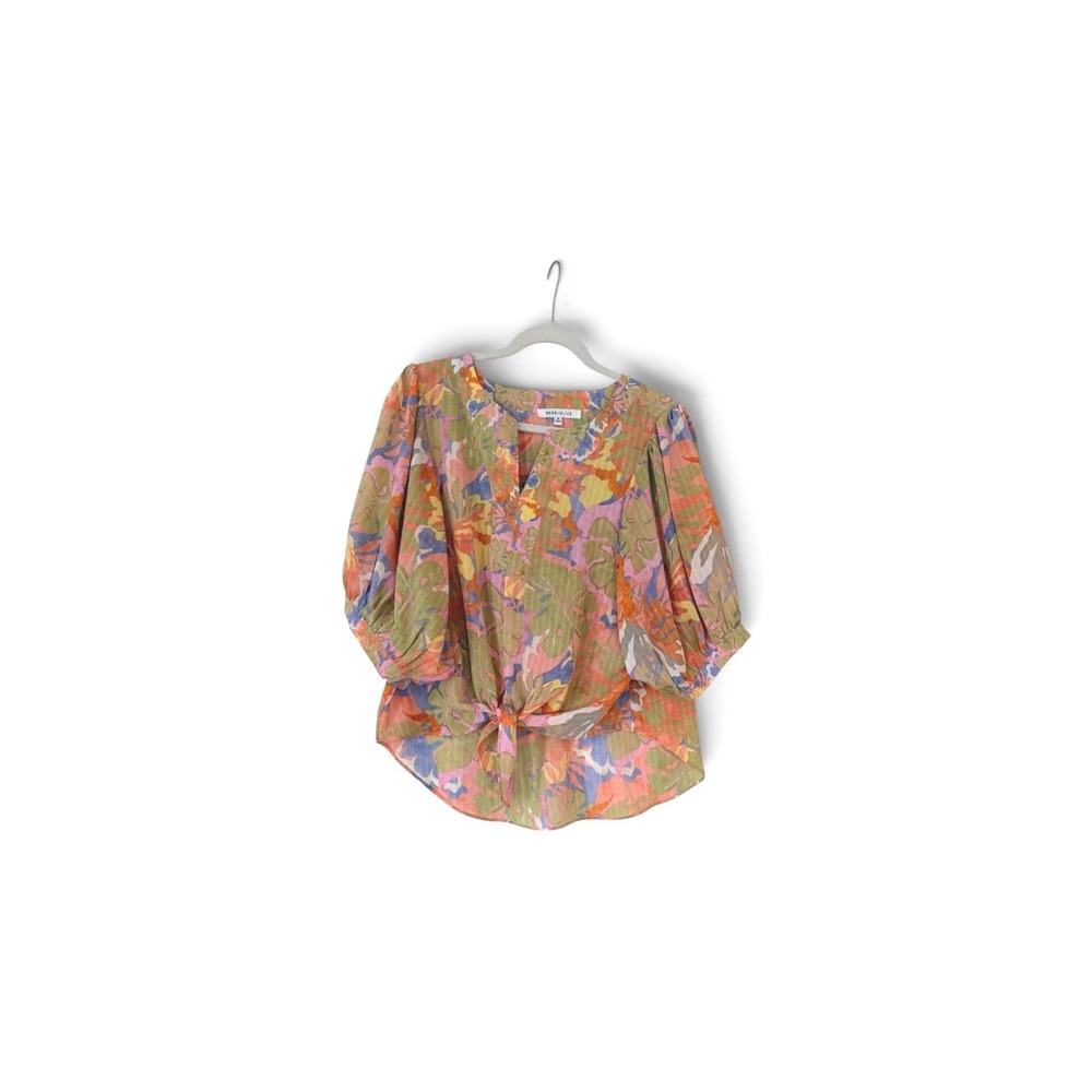 Rose + Olive Tropical Floral Tie Front Puff Sleeve Blouse Green Orange Pink M